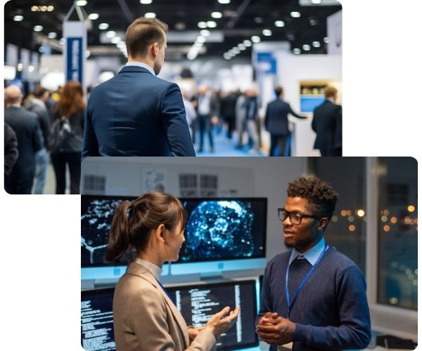 a collage of people standing in front of a computer screen
